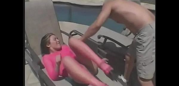  Brunette Ashley Blue stripped on poolchair and fucked by stud